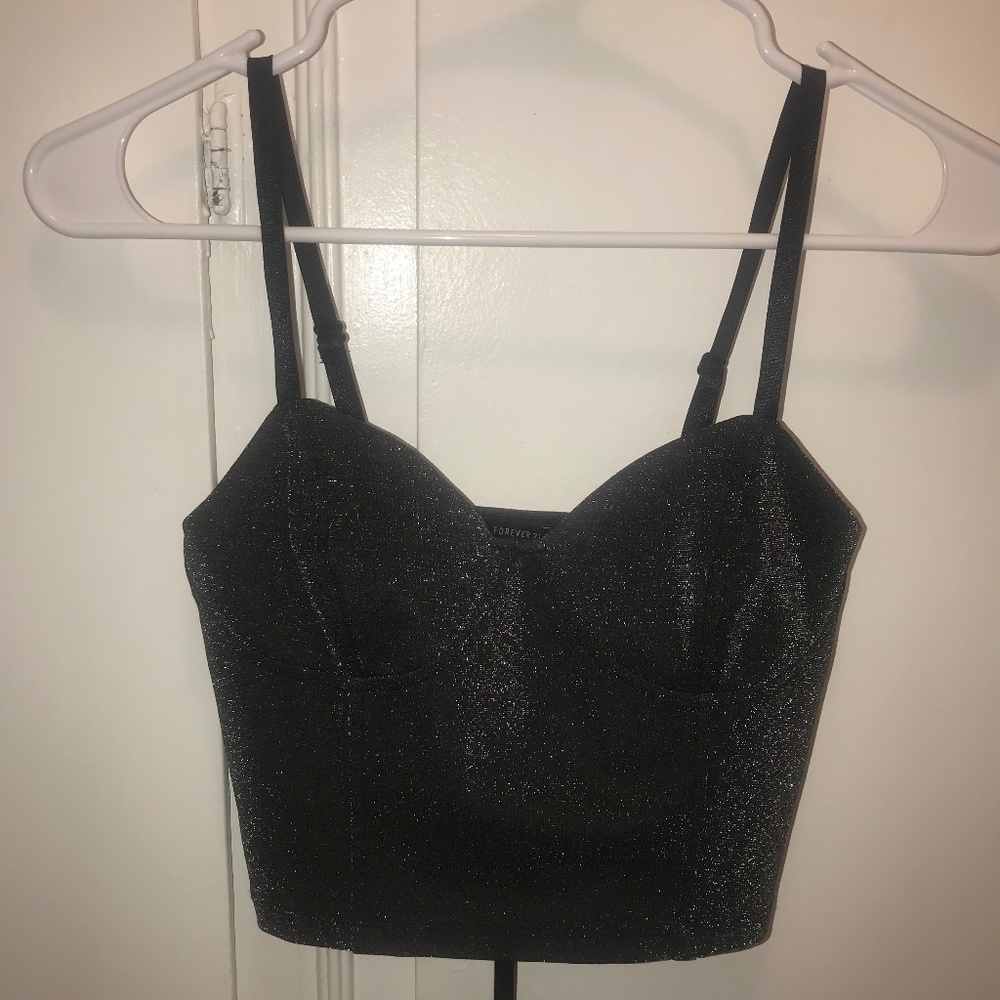 Forever 21 Glitter Shiny Shimmer Bustier Corset Crop Top Silver Black